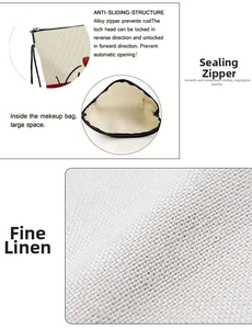 Close-up of linen fabric texture and anti-slip alloy zipper detail on a makeup bag