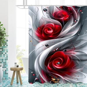 Waterproof polyester bath curtain with 3D red roses and silk texture in modern bathroom