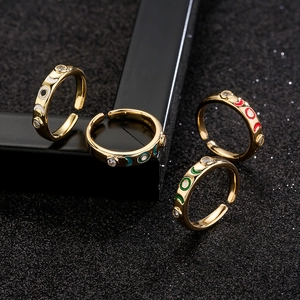 Brass 18K Gold Plated Open Ring Colorful Enamel Celestial Moon Star Cubic Zirconia Adjustable Jewelry For Women Retro