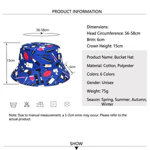 Cosmetic print bucket hat size chart with dimensions 56-58cm for summer beach sun protection