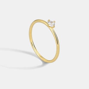 Minimalist Solitaire Ring For Women Copper Gold Plated Cubic Zirconia Four Prong Setting Elegant Thin Band Jewelry