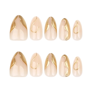 3D golden irregular line art short almond press-on nails with nude base color