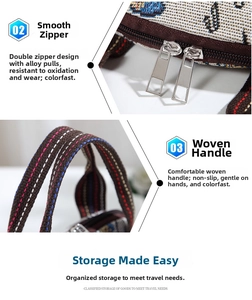Detail view of ethnic embroidery handbag featuring durable alloy zippers and striped handle