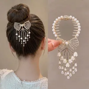Eleganter Maiglöckchen-Haarclip mit weißen Perlen und langen Quasten für Damen