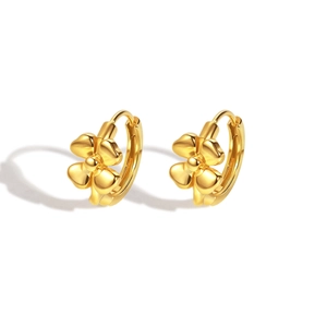 Golden flower hoop earrings for women crafted in polished four-petal floral design