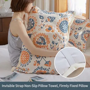 Cotton Gauze Pillow Towel Breathable Soft Fixed Elastic Straps Non-Slip Bohemian Ethnic Floral Print Protection Cover