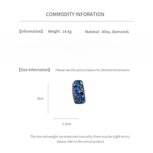 Détails de boucles d'oreilles bohèmes rectangulaires avec diamants bleus et dimensions exactes
