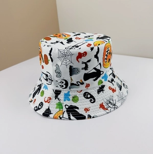 Detail of white fisherman hat featuring colorful Halloween pumpkin and ghost prints