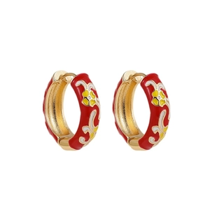 Vintage floral enamel hoop earrings with red pattern and gold metal base for women