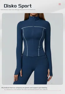 Detail of high-stretch navy yoga jacket with white stitching and thumbhole cuffs