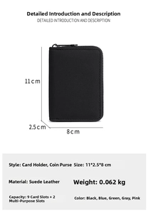 Detailed size and capacity specification of suede leather card holder with 9 card slots