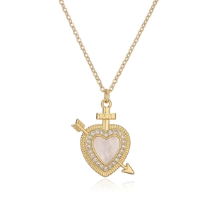 Gold-plated heart necklace with zircon cross and shell wing pendant on white background