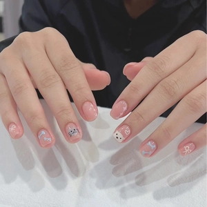 Pink Jelly Press On Nails Cute Cartoon Bear Cat Bone Bow Design Glossy Short Round Square False Nails For Women