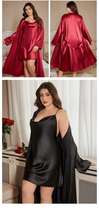Detail of red and black satin two-piece sleepwear set with V-neck chemise and robe