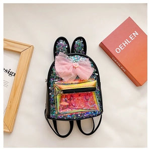 Detail of sequined bunny backpack with pink bow and holographic transparent front pocket