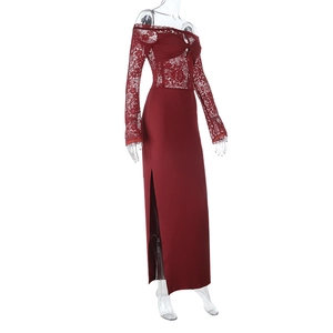 Detail of wine red lace off-shoulder dress featuring front twist hollow and high side slit