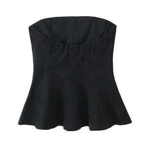 Top bustier en daim noir avec basque à volants et fermeture éclair latérale, vue à plat