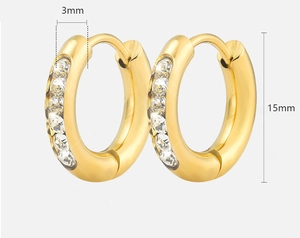 Detail showing 3mm width and 15mm height of gold stainless steel hoop earrings with zircons