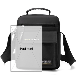 Men's large capacity nylon shoulder bag showing iPad mini storage compatibility