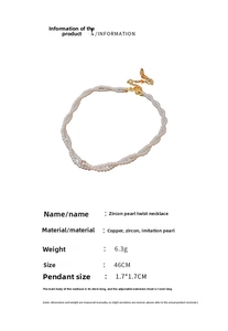 Dimensioni dettagliate per una collana di perle intrecciate dorate con pendente in zircone