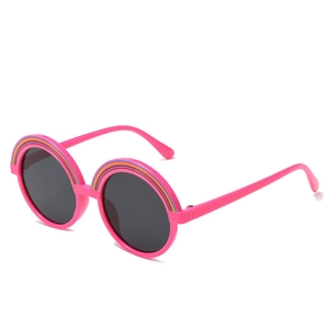 Cute kids round rainbow sunglasses with pink PC frame and dark grey circular lenses