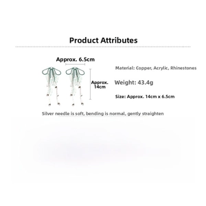 Detailed size and material chart for long green tassel earrings with bow and leaf design