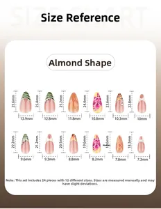 Guide des tailles pour faux ongles amande 3D avec motifs colorés et 12 tailles incluses