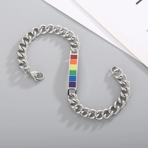 Rainbow enamel stainless steel curb chain bracelet with rectangular pendant and lobster clasp
