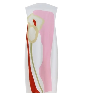 Detail of artistic pink and beige print on white sleeveless strapless dress