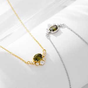 S925 sterling silver oval olive green zircon pendant necklaces in gold and silver finish
