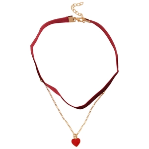 Elegant double-layered velvet choker with gold chain and red heart enamel pendant