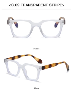 Detail view of transparent square frame glasses with tortoiseshell textured temples