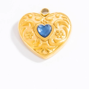 Vintage 18k gold stainless steel heart pendant with blue gemstone and floral relief