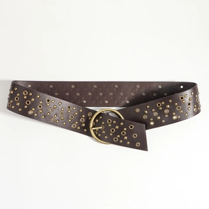Detail of dark brown leather belt with brass rivets and eyelets in wasteland retro style