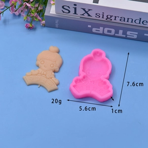 Detail of pink silicone mold with Chinese girl figure and lucky blessing relief text