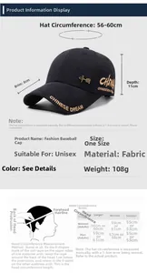 Detailed size chart for baseball cap showing head circumference measurements and specifications