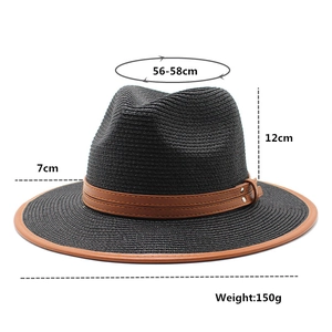 Détails du chapeau de paille noir avec ruban en cuir brun et mesures de taille