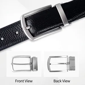 Men's black litchi grain leather belt with brushed silver alloy pin buckle