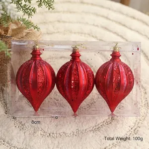 Tre palline di Natale a cipolla rosse da 8cm con strisce glitterate in scatola da 14cm