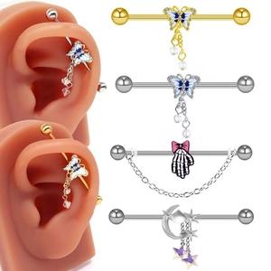Alloy Rhinestone Enamel Industrial Barbell Earring Butterfly Moon Star Skull Hand Punk Goth Body Jewelry Unisex Style