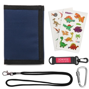 Kids camo wallet set with dinosaur stickers, lanyard, and carabiner on white background
