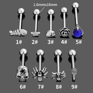 Gothic stainless steel tongue rings set with spider rose and fishbone 1.6mm studs
