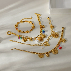 18K gold plated stainless steel bracelets with sunflower, heart and pearl charms