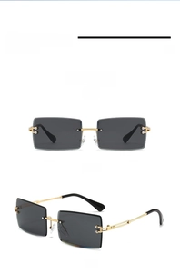 Front and side view of frameless square sunglasses with grey lenses and gold metal temples