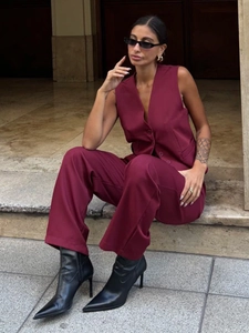 Women's 2 Piece Vest And Pants Set Sleeveless V-Neck Single Breasted Blazer Waistcoat With Wide Leg Trousers Office Suit