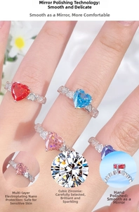 Detailed view of heart-shaped gemstone rings with high-carbon synthetic diamonds