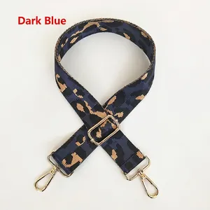 Detail of leopard print bag strap in dark blue with golden metal swivel hooks