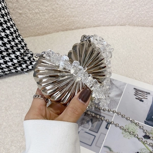 Chic silver heart-shaped shell box bag with crystal beads handle and chain strap
