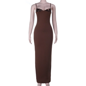 Detailed view of chocolate brown sequin bodice and sleek bodycon silhouette on dress