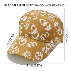 Size specifications for vintage punk skull print baseball cap with adjustable strap